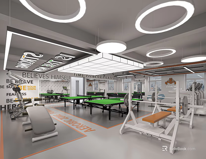 Modern Gym Interior With Ping Pong Tables And Fitness Equipment 3d model 
