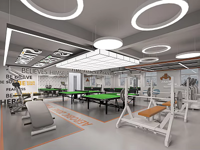 Modern Gym Interior With Ping Pong Tables And Fitness Equipment 3d model