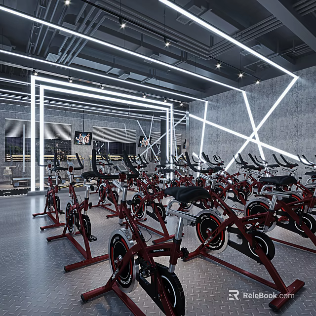 Modern Gym With Spinning Bikes And Stylish Lighting 3d model