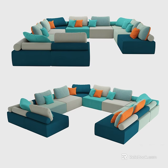 Modern Sectional Sofa Set With Blue Orange Grey Cushions And Modular Design 3d model