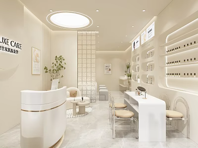 Modern Beauty Hair Salon Interior With White Reception Desk Sofa Mirror And Product Shelves 3d model