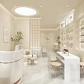 Modern Beauty Hair Salon Interior With White Reception Desk Sofa Mirror And Product Shelves