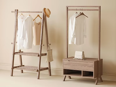 Wooden Clothing Racks With Hanging Clothes Hat Storage Shelf And Cabinet Design 3d model