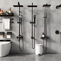 Modern Black Shower Systems In Bathroom With Multiple Heads Handheld Spray And Wall Shelves