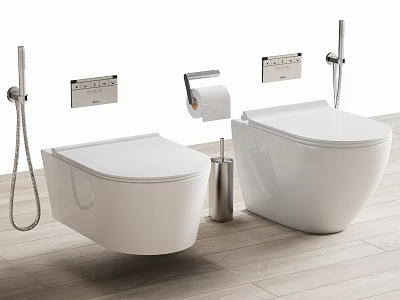Modern White Toilets In Bathroom With Toilet Paper Holder Brush And Wooden Floor 3d model