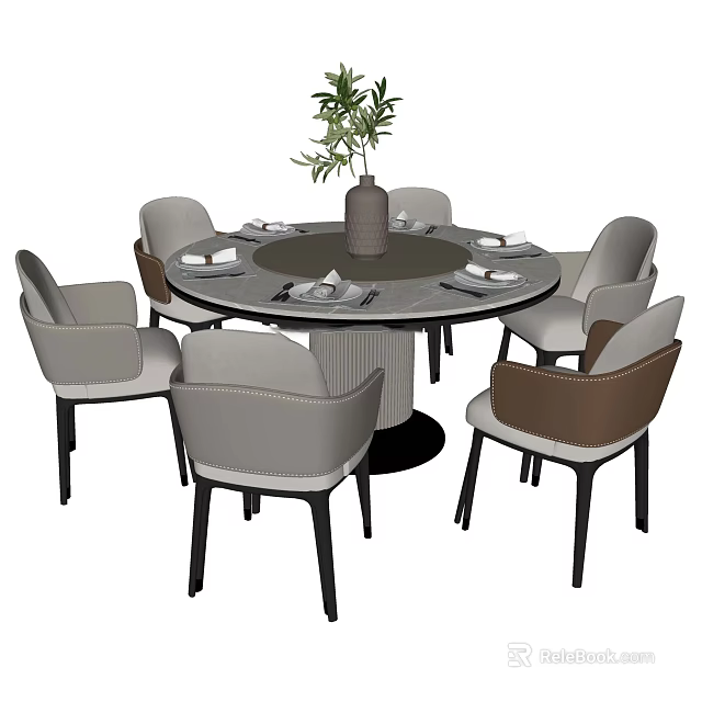 Modern Round Dining Table Set with Gray Brown Chairs Vase Plant and Tableware 3d model