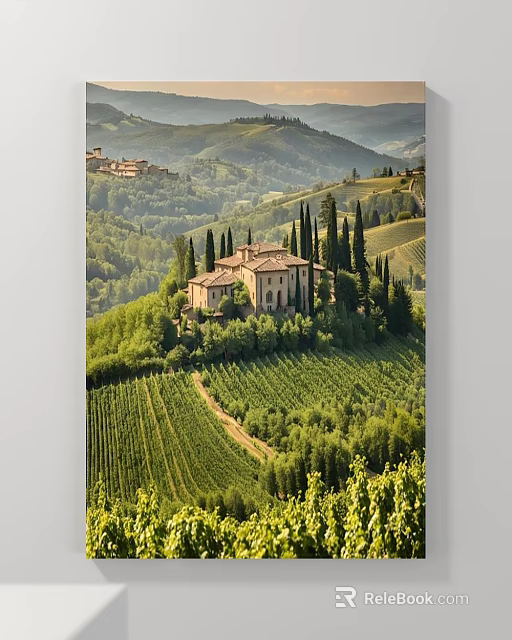 Scenic Landscape Painting Of Country Villa With Cypress Trees Green Vineyards And Rolling Hills 3d model 