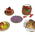 Fresh Assorted Fruits Like Peaches Grapes Strawberries in Wicker Baskets on White Table