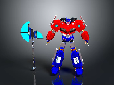 Red And Blue Robot Action Figure With Blue Axe Weapon 3d model