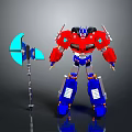 Red And Blue Robot Action Figure With Blue Axe Weapon