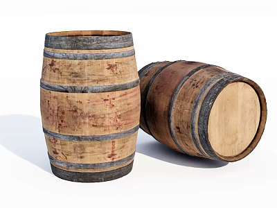 Vintage Rustic Decorative Ornament Combination With Two Wooden Barrels And Metal Hoops 3d model