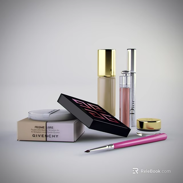 Luxury Perfume And Cosmetics Collection With Lipstick Eyeshadow Palette And Makeup Brush 3d model 