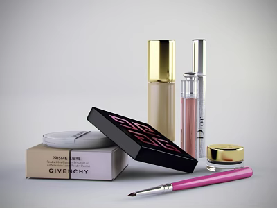 Luxury Perfume And Cosmetics Collection With Lipstick Eyeshadow Palette And Makeup Brush 3d model