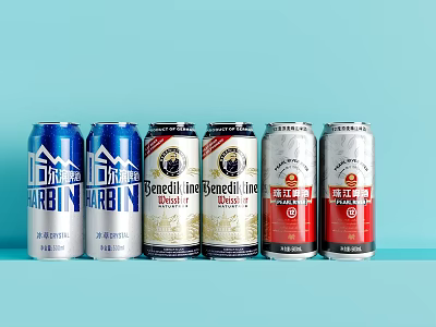 Variety of Beer Cans Displayed on Light Blue Background 3d model