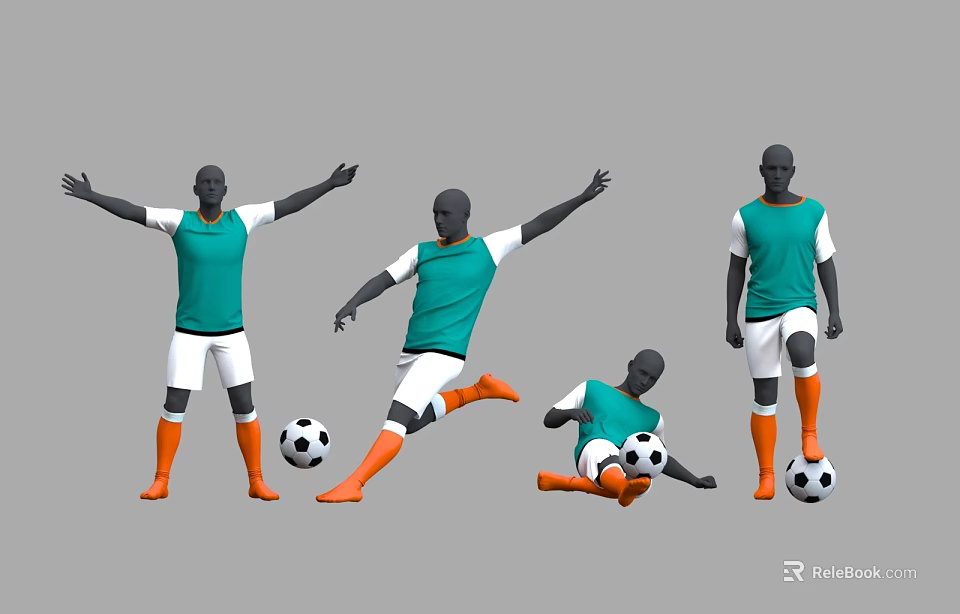 Sports Clothing Store Displaying Green Tops White Pants And Orange Socks With Football Themed Mannequins 3d model 