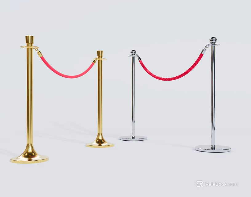Gold And Silver Stanchions With Red Ropes For Event Crowd Management 3d model