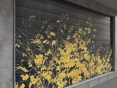 Black Wall Adorned With Yellow Flowers And Plant Patterns On Striped Panels And Gray Frame 3d model