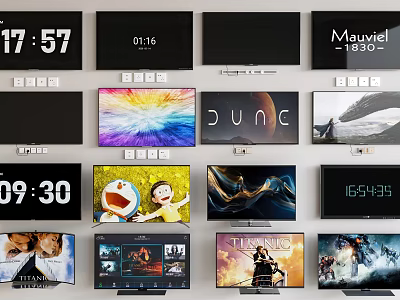 Multiple Televisions Displaying Various Content Including Time Anime and Movies 3d model