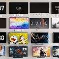 Multiple Televisions Displaying Various Content Including Time Anime and Movies