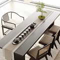 Modern Wooden Tea Table and Chairs with Tea Set Teapot Cups and Green Plant