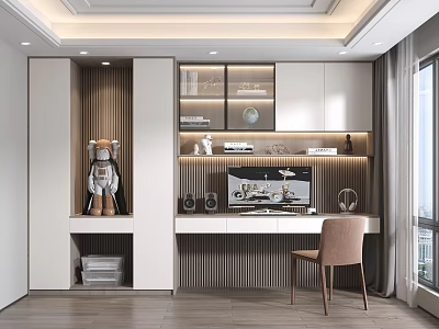 Modern Study Room Interior with Desk Bookshelf Astronaut Decor LED Lighting and Chair 3d model