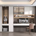 Modern Study Room Interior with Desk Bookshelf Astronaut Decor LED Lighting and Chair