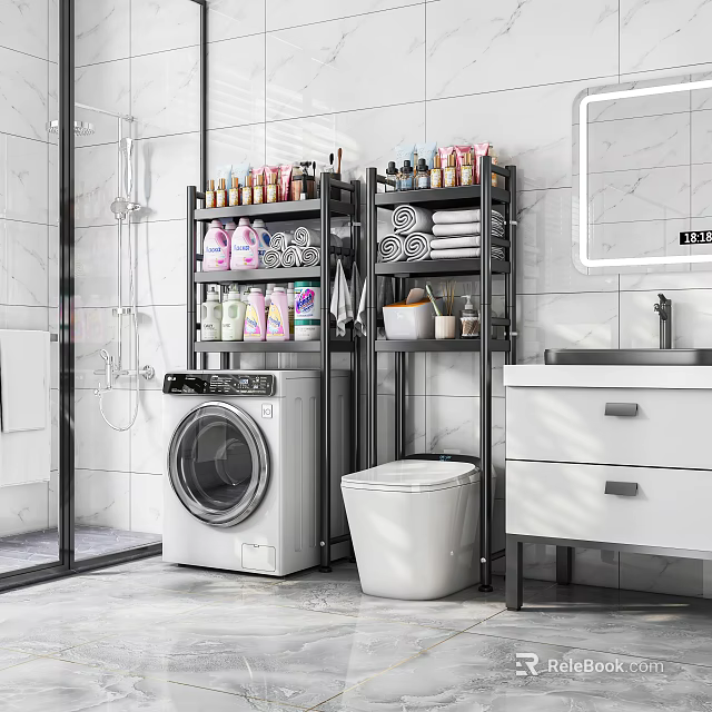 Modern Bathroom Interior With Storage Shelves For Toiletries Towels And Laundry Essentials 3d model 