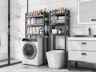 Modern Bathroom Interior With Storage Shelves For Toiletries Towels And Laundry Essentials 3d model
