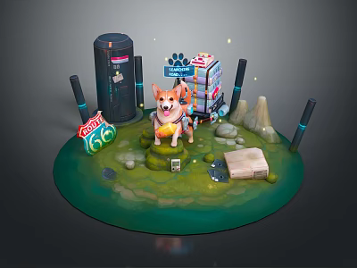 Cartoon Scene With Corgi Sitting On Green Grass Stones Buildings Wooden Box EXIT Sign Sparkles 3d model
