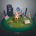 Cartoon Scene With Corgi Sitting On Green Grass Stones Buildings Wooden Box EXIT Sign Sparkles