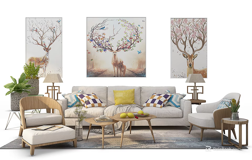 Modern Sofa Coffee Table Combination With Deer Wall Art Colorful Cushions And Green Plants 3d model 