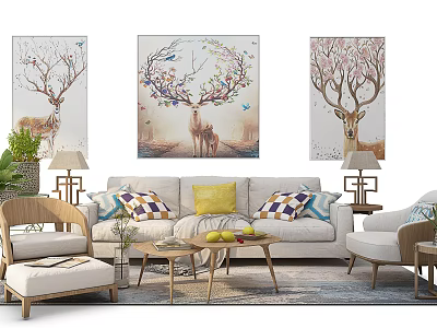 Modern Sofa Coffee Table Combination With Deer Wall Art Colorful Cushions And Green Plants 3d model