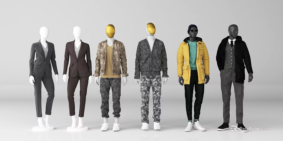 Models lined up wearing various outfits including suits jackets and camouflage pants in fashion 3d model 