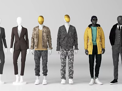Models lined up wearing various outfits including suits jackets and camouflage pants in fashion 3d model