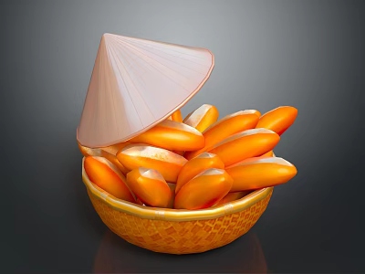 Orange Crescent Shaped Food In Textured Bowl With Conical Lid 3d model