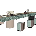 Modern Green Marble Tea Table Set With Matching Stools And Decorative Tea Accessories