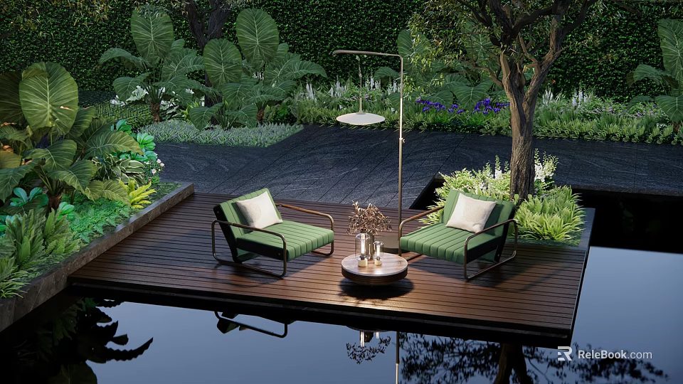 Green Outdoor Lounge Chairs On Wooden Deck With Lush Garden Greenery And Small Coffee Table 3d model 