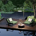 Green Outdoor Lounge Chairs On Wooden Deck With Lush Garden Greenery And Small Coffee Table