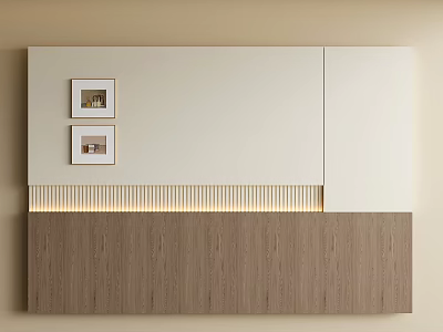 Modern Bed Background Wall Design With Framed Photos Wooden Texture And LED Lighting 3d model