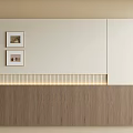 Modern Bed Background Wall Design With Framed Photos Wooden Texture And LED Lighting