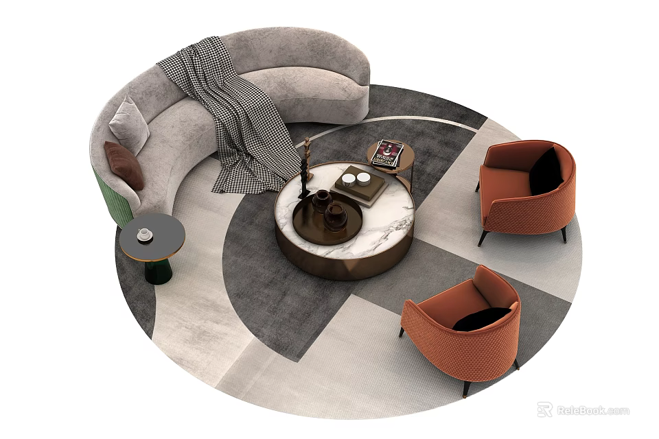 Gray Curved Sofa and Round Marble Coffee Table Set with Orange Armchairs and Geometric Rug 3d model 