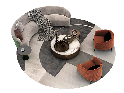 Gray Curved Sofa and Round Marble Coffee Table Set with Orange Armchairs and Geometric Rug 3d model