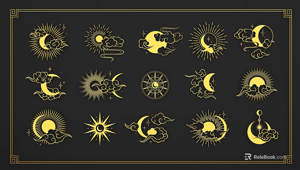Golden Sun Moon Cloud Ornate Carvings on Black Background Decorative Patterns 3d model