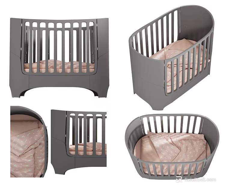Gray Baby Crib With Pink Mattress And Modern Design Multiple Angles View 3d model 