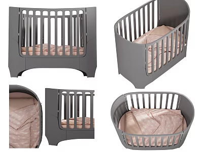 Gray Baby Crib With Pink Mattress And Modern Design Multiple Angles View 3d model