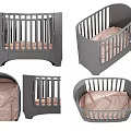 Gray Baby Crib With Pink Mattress And Modern Design Multiple Angles View