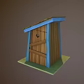 Wooden Outdoor Shed With Colorful Striped Roof And Plank Door On Green Base