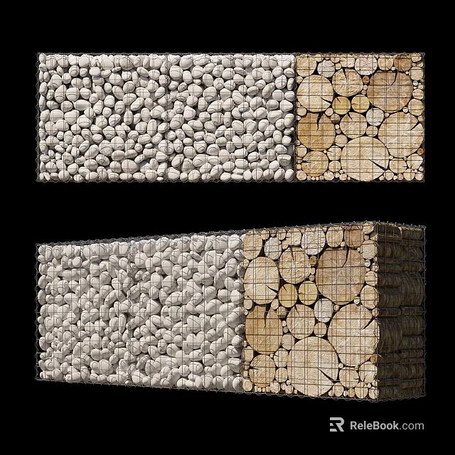Natural Style Room Divider Design Featuring Pebble Wall And Wooden Log Slice Panels 3d model 