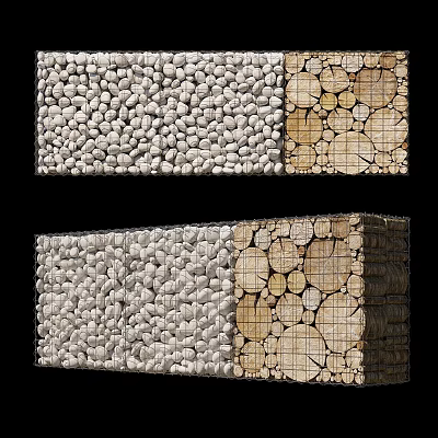 Natural Style Room Divider Design Featuring Pebble Wall And Wooden Log Slice Panels 3d model