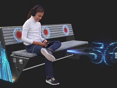 Modern Outdoor Public Bench Featuring LED Lights And 5G Projection For Mobile Phone Users 3d model